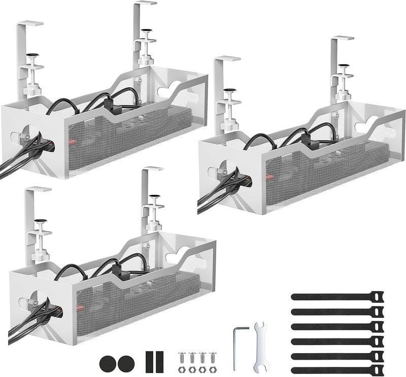 Litwaro Under Desk Cable Management Tray 3 Pack, Cable Management Under Desk No Drill, Cable Organizer with Clamp for Wire Management, Cord Organizer for Office, Home - No Damage to Table (White) - Image 1